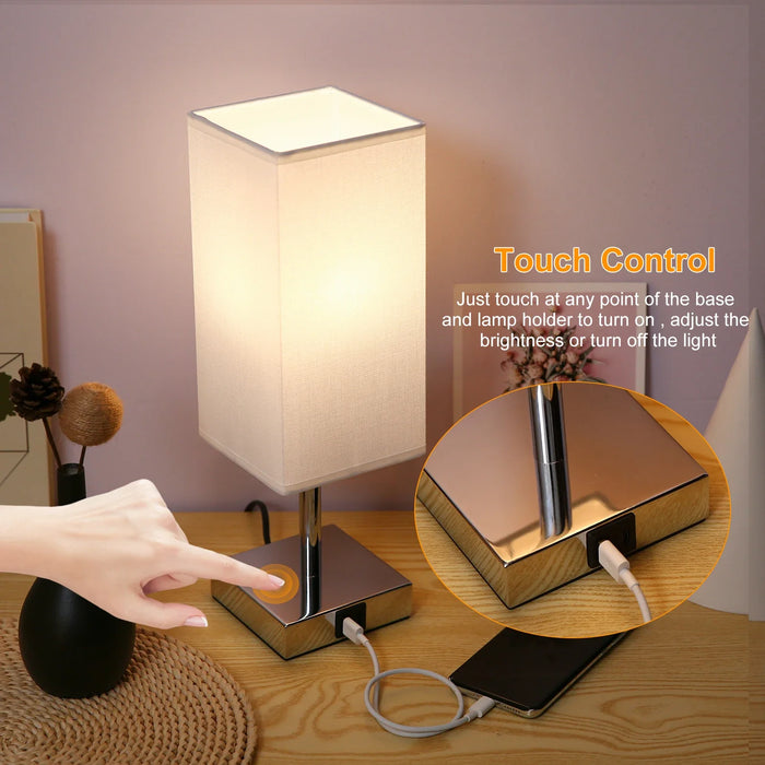 Bedside Table Lamp with Fabric Shade - Warm White LED Bulb, Touch Control, Desk Light, USB A and Type-C Charging Ports - Ideal for Nightstands, Work Desks and Study Areas
