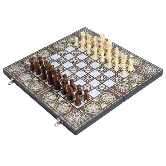 Luxury Knight 3-in-1 Wooden Foldable Game Board — Chess, Checkers & Backgammon