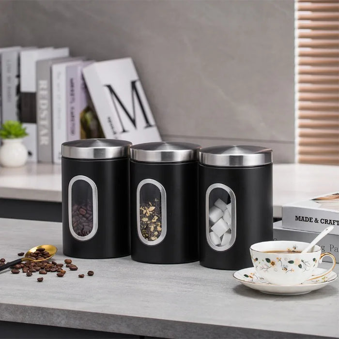 3‑Pack Stainless Steel Food Storage Jars with Viewing Window — Kitchen Sealed Jars
