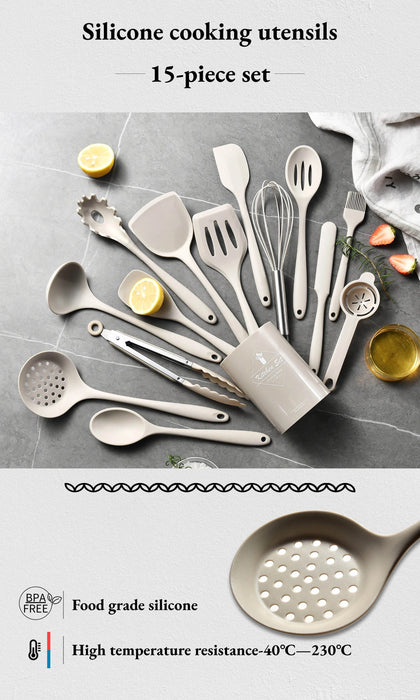 15-Piece Khaki Silicone Kitchen Utensil Set — Food-Grade Cookware Tools