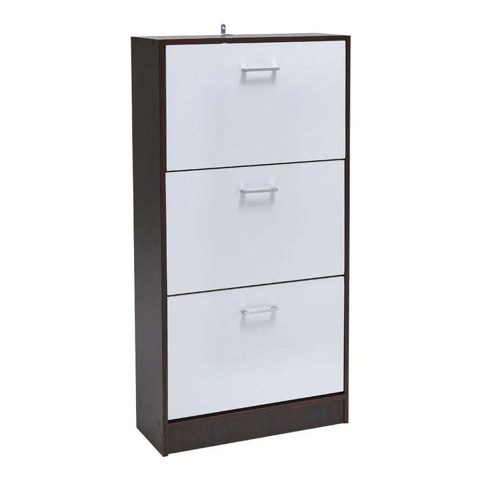Narrow 3-Tier Flip-Top Shoe Cabinet – Walnut & White Vertical Storage