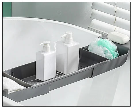 Extendable Bath Shelf Tray with Anti-Slip Phone & Tablet Holder — White or Grey