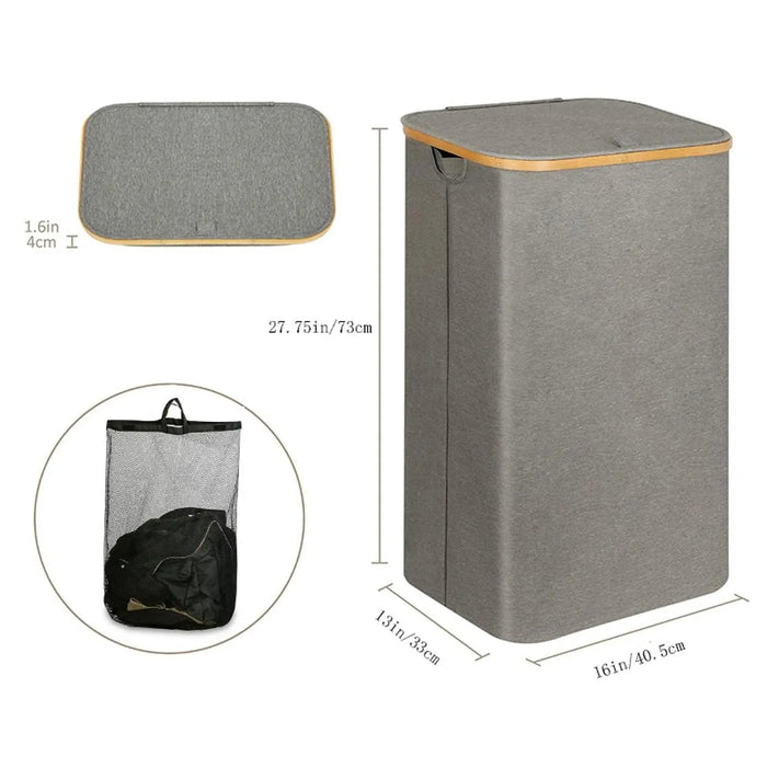 Foldable 2-Section Laundry Hamper with Lid — Bamboo Handles & Removable Bag