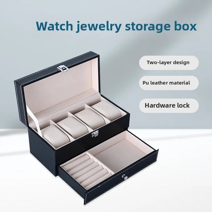 4‑Position Double‑Layer PU Leather Jewellery & Watch Storage Box