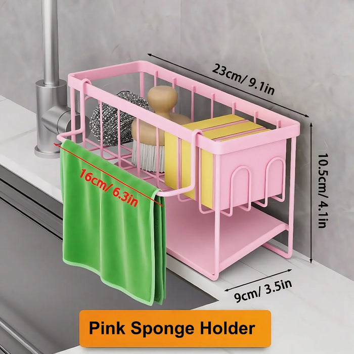 Kitchen Sink Organiser — Sponge Holder with Dishcloth Hanger and Adhesive Sticker