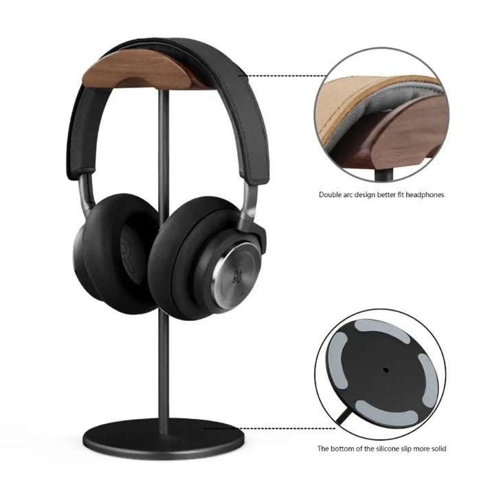 Black Walnut Wood and Aluminium Headphone Stand — Solid Metal Base Desk Headset Holder