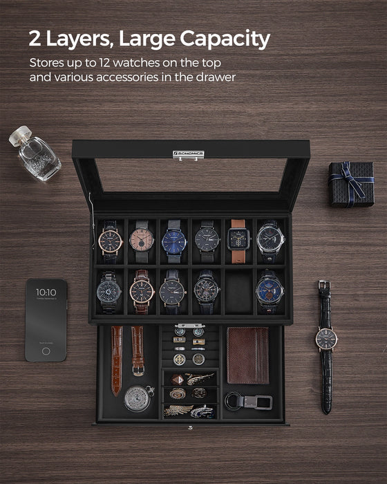 2-Tier Watch Box with Glass Lid — Holds 12 Watches, Lockable Drawer