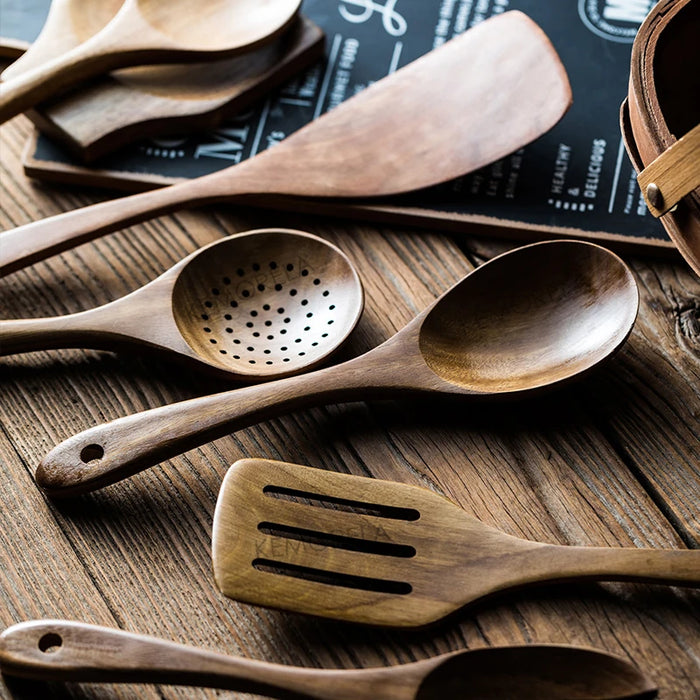 9-Piece Teak Wooden Kitchen Utensil Set with Holder