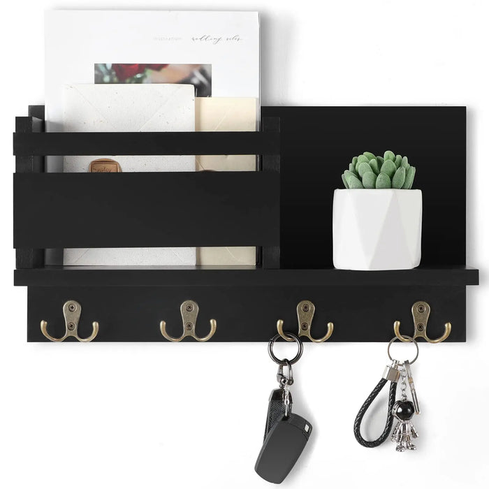 Wooden Wall-Mounted Key and Mail Holder — Rustic Letter Sorter with 4 Hooks
