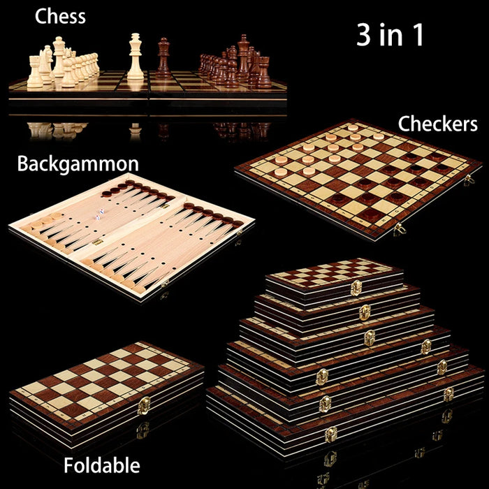 Retro 3-in-1 Wooden Chess Set — Foldable Chessboard with Checkers & Backgammon