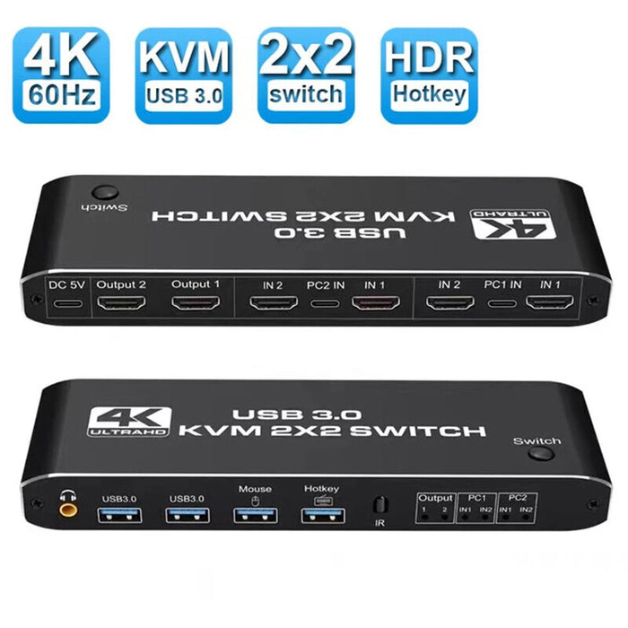 Dual Monitor USB3.0 KVM Switch 2 in 2 out 4K 60Hz 2x2 Mixed Display 2 Monitors 2 Computer for Laptop HDMI-Compatible KVM Switch