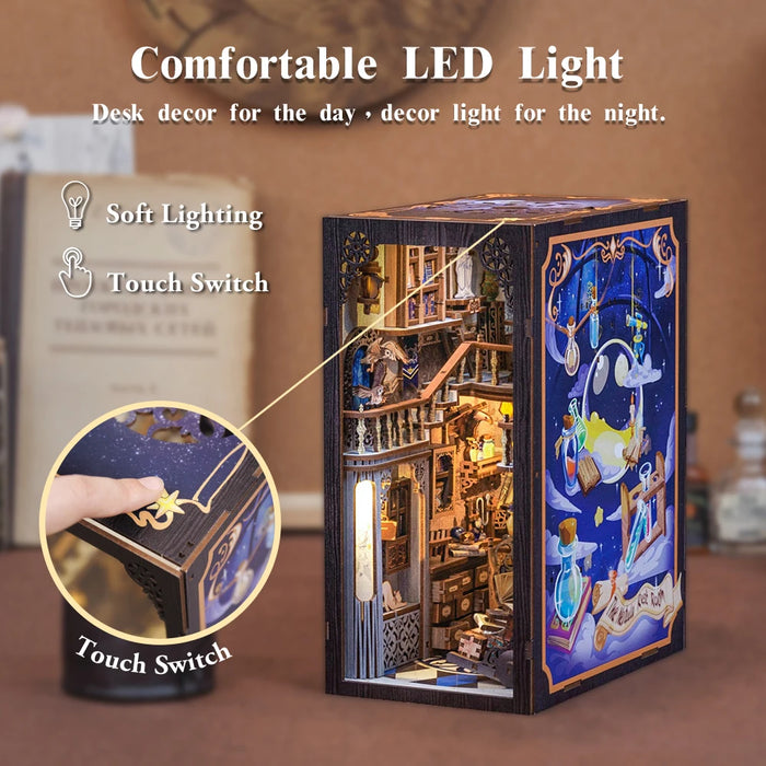 Book Nook Miniature Dollhouse Kit with Touch Light & Dust Cover — Nebula Common Room