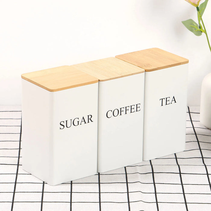 3‑Piece Coffee, Tea & Sugar Canister Set — Stainless Steel with Airtight Bamboo Lids