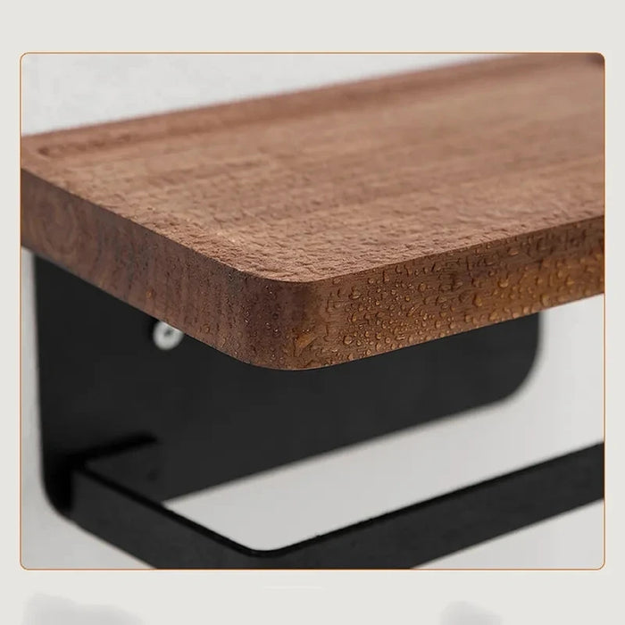 Wooden Toilet Roll Holder with Shelf — Wall-mounted, Rustproof Matt Black