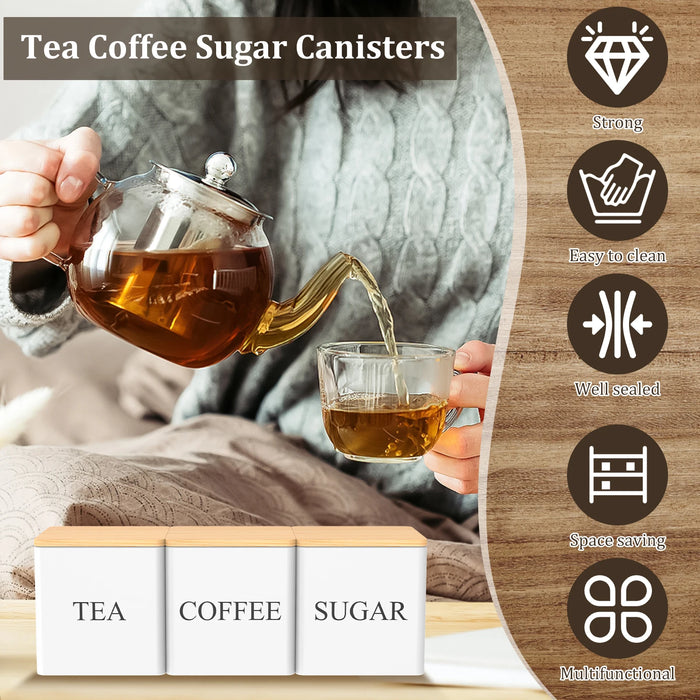 3‑Piece Coffee, Tea & Sugar Canister Set — Metal Jars with Bamboo or Iron Airtight Lids