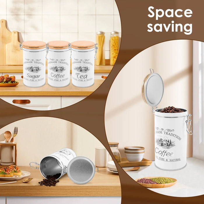 3‑Piece Metal Tea, Coffee & Sugar Canister Set with Bamboo Lids