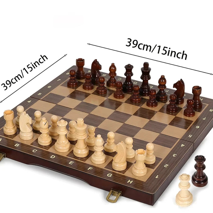 39cm (15in) Foldable Handmade Wooden Chess Set with Extra Queens