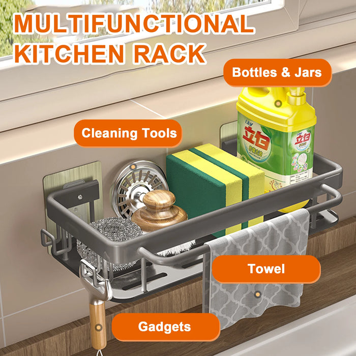 Aluminium Kitchen Sink Drain Rack with Tray — Soap, Sponge & Dishcloth Holder