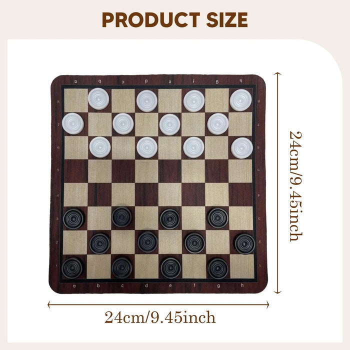 Portable Checkers Set – Wood-Grain Board (24 × 24 cm) with 24 Pieces