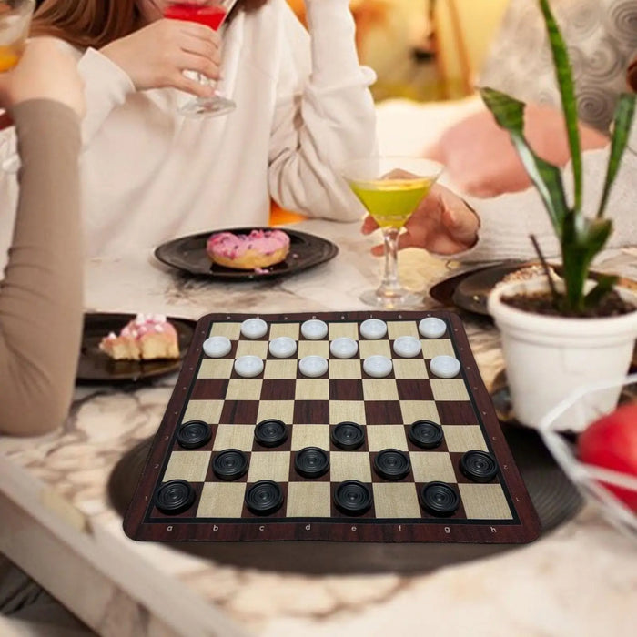 Portable Checkers Set – Wood-Grain Board (24 × 24 cm) with 24 Pieces