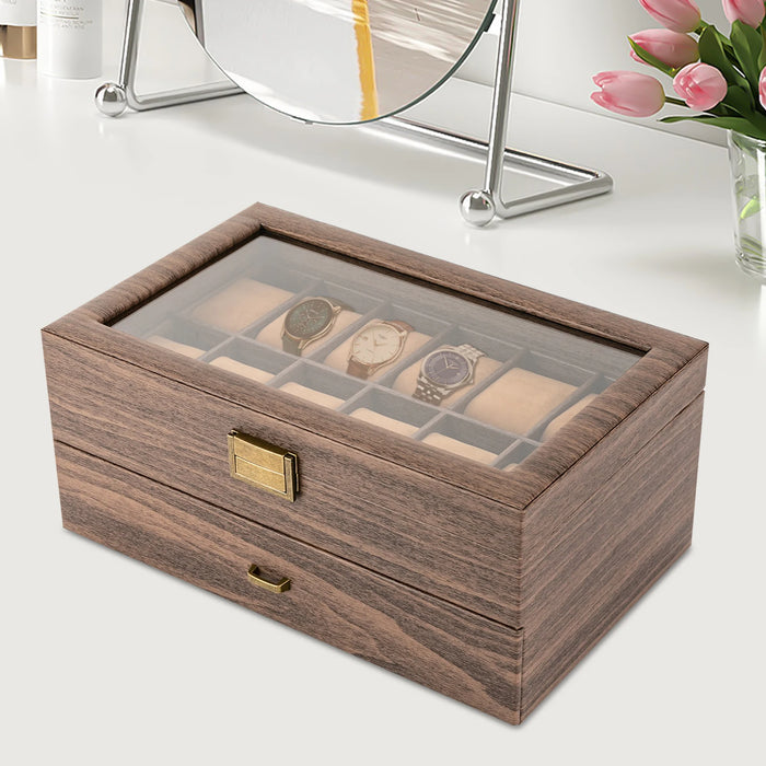 24-Slot Watch Box — Brown PU & Wood Display Case with Glass Lid