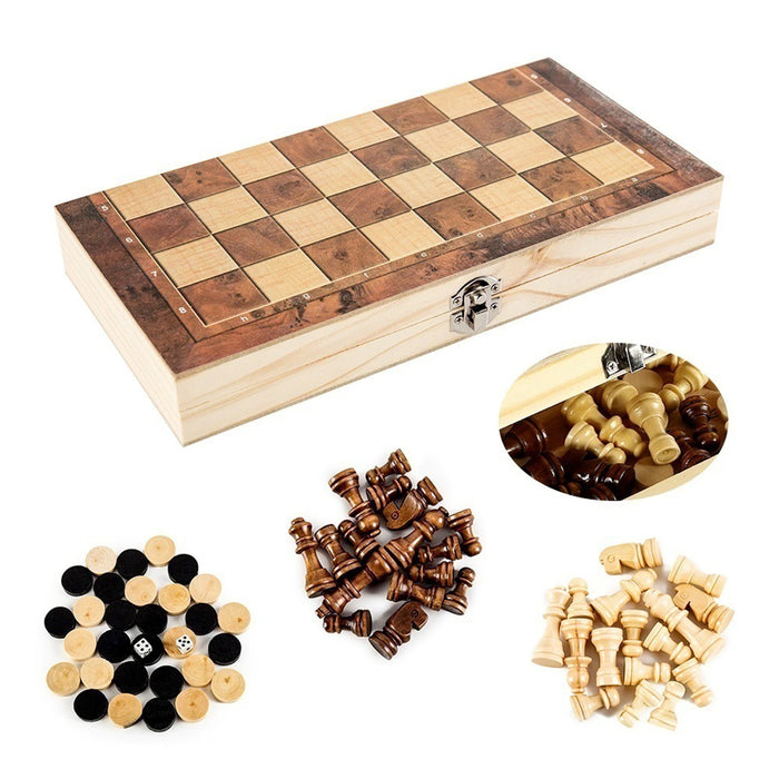 3-in-1 Folding Wooden Chess Board – Portable Chess, Checkers & Backgammon (24cm)