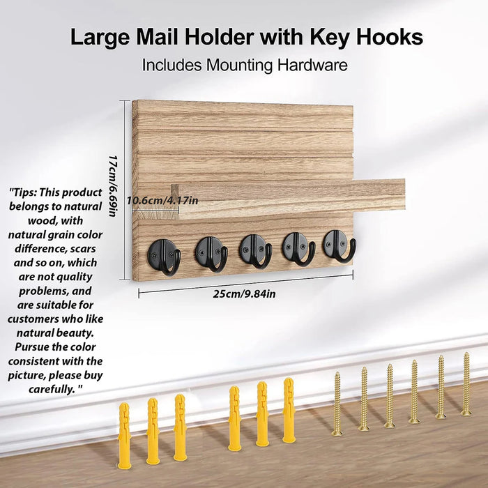Wooden Wall-Mounted Key Holder with Mail Organiser | 5 Hooks (Dark Khaki/Black)