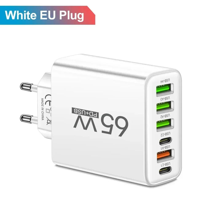 65W 6-Port USB PD Charger – 2x USB‑C PD + 4x USB Fast Wall Charger (EU/US)