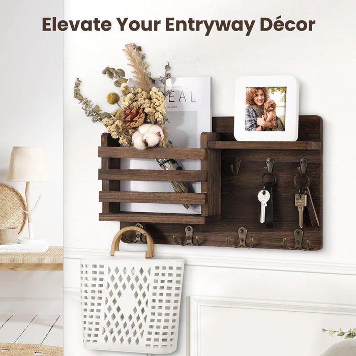 Rustic Wall-Mounted Mail Organiser with Key Hooks & Floating Shelf