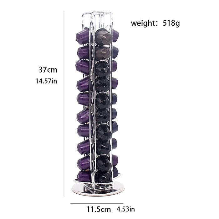 Silver Rotating Coffee Capsule Rack – 360° Base, Holds 40 Pods