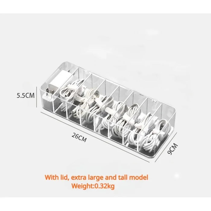 8-Compartment Transparent Acrylic Cable Organiser Box with Dustproof Cover