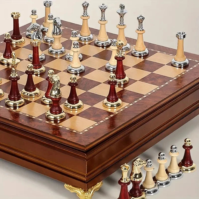 38cm (15in) Wooden Desktop Chess Set with Storage Drawer and 2 Extra Queens