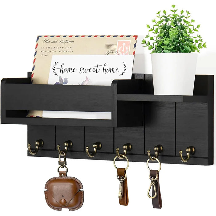 Wooden Wall-Mounted Key Rack & Mail Organiser — 6 Hooks