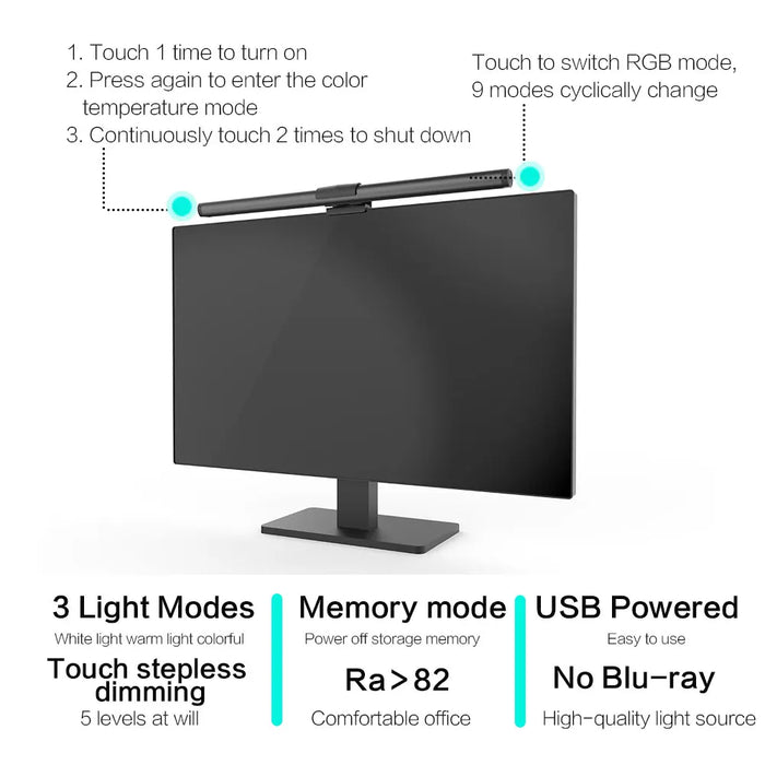 LED Monitor Light Bar — Hanging Screen Lamp, Stepless Dimmable, RGB Option