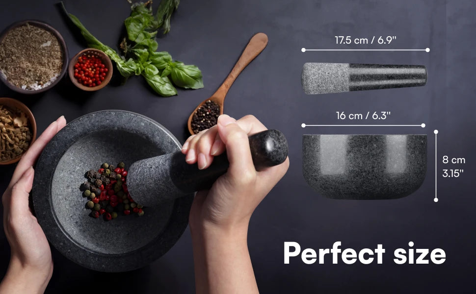 Premium Solid Granite Mortar & Pestle 16cm — Non‑Slip Stone Grinder