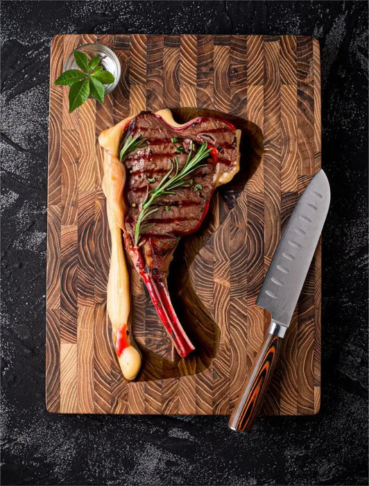 Teak End Grain Cutting Board — Large Wooden Chopping & Charcuterie Board with Hidden Handles