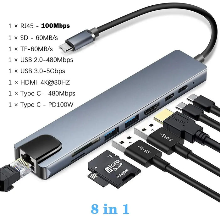 USB-C 8-in-1 Hub — HDMI 4K 30Hz, 100W PD, RJ45 100Mbps, SD/TF & USB 3.0