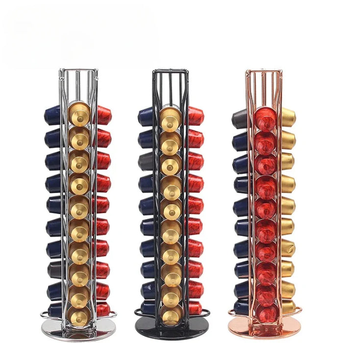 40‑Pod Rotating Coffee Capsule Holder — Metal Stand for Nespresso, Vertuo & Dolce Gusto (Black / Silver / Rose Gold)