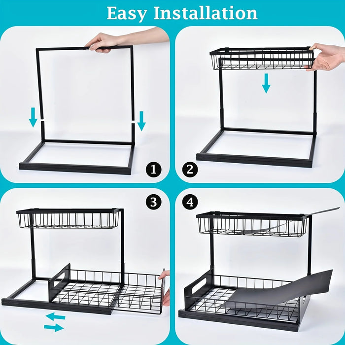 Under-Sink Pull-Out Organiser — 2-Tier Slide-Out Metal Shelf (White or Black)