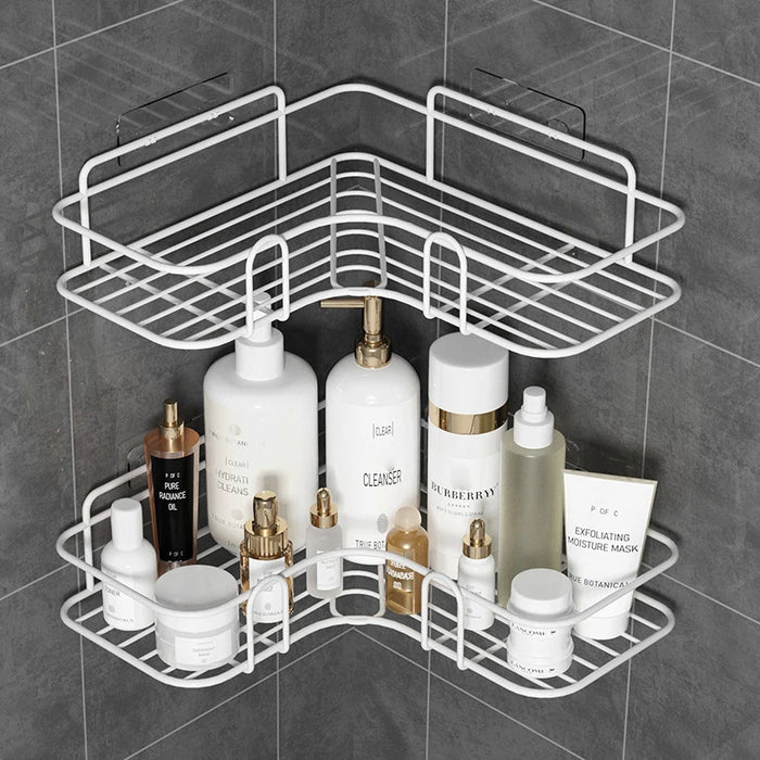 No‑Drill Black Metal Corner Bathroom Shelf — Wall‑Mounted Toilet Storage Rack