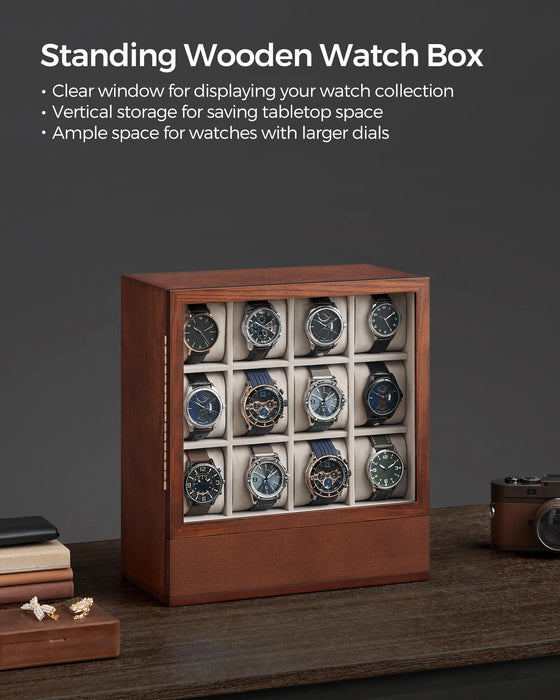 12-Slot Wooden Watch Display Case with Drawers — Coffee Brown
