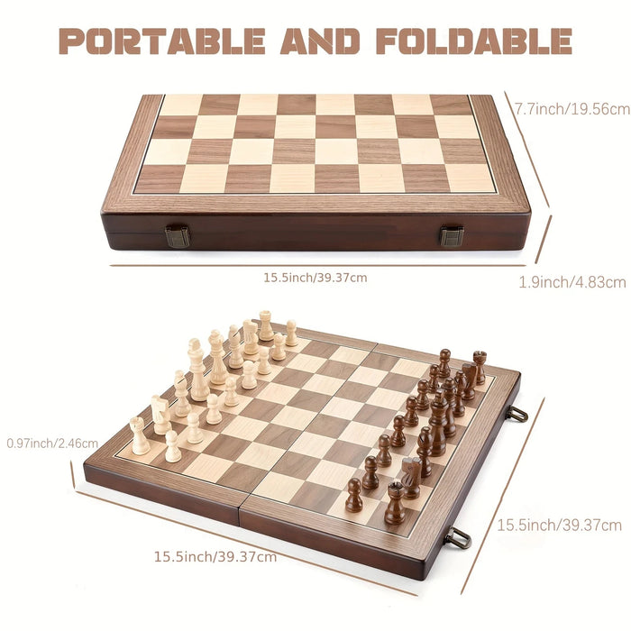 Magnetic Wooden Chess Set 39.37 cm (15.5in) Folding Travel Board with 2 Extra Queens