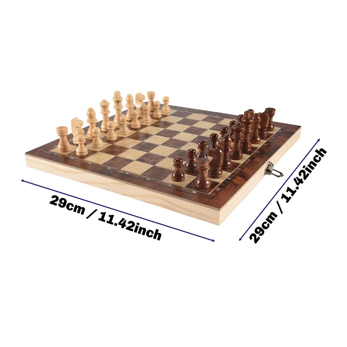 3-in-1 Wooden Board Game Set — Chess, Draughts & Backgammon, 29×29cm