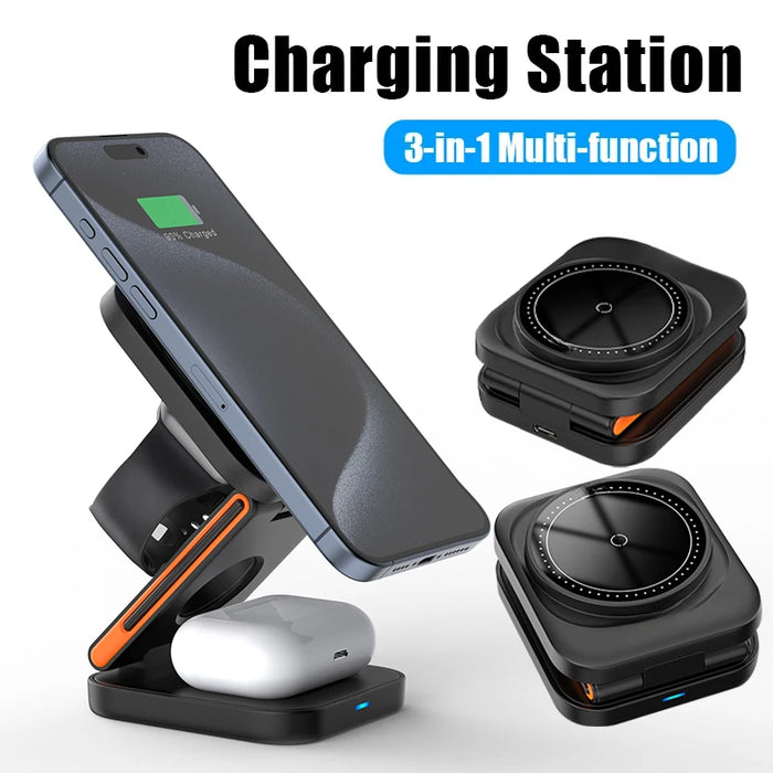 3‑in‑1 Foldable Magnetic Fast Wireless Charger Stand for iPhone 12–17, Apple Watch & AirPods