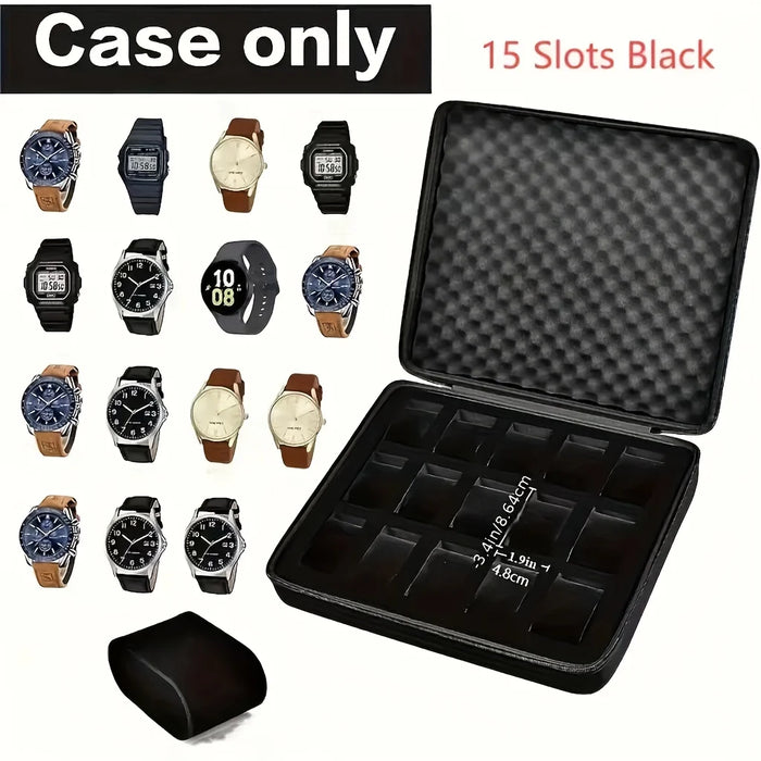 15-Slot Watch Case — Shockproof Foam & Hard-Shell Portable Storage (Black)