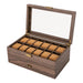 24-Slot Watch Box — Brown PU & Wood Display Case with Glass Lid