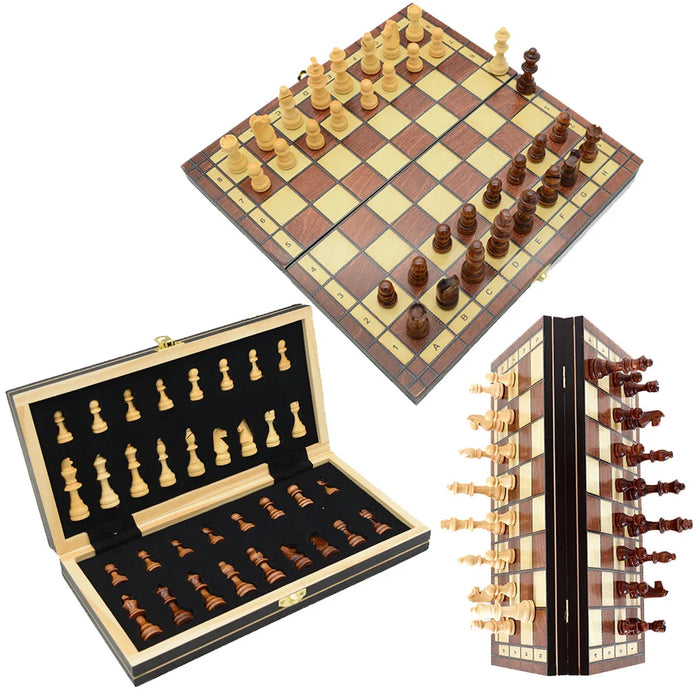 Magnetic Wooden Chess, Checkers & Backgammon Set — Foldable Travel Board with Extra Queens