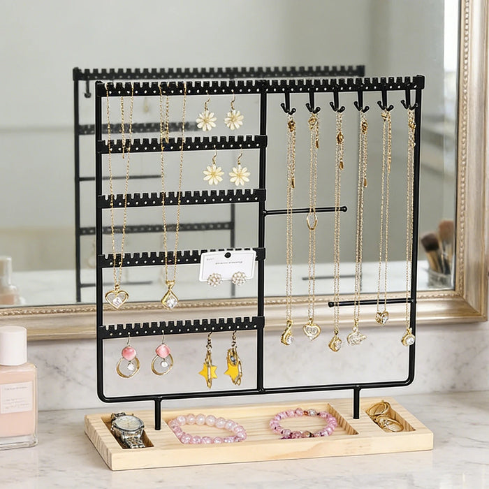 Metal Jewellery Organiser Stand with Wooden Tray — Multi‑Functional Storage