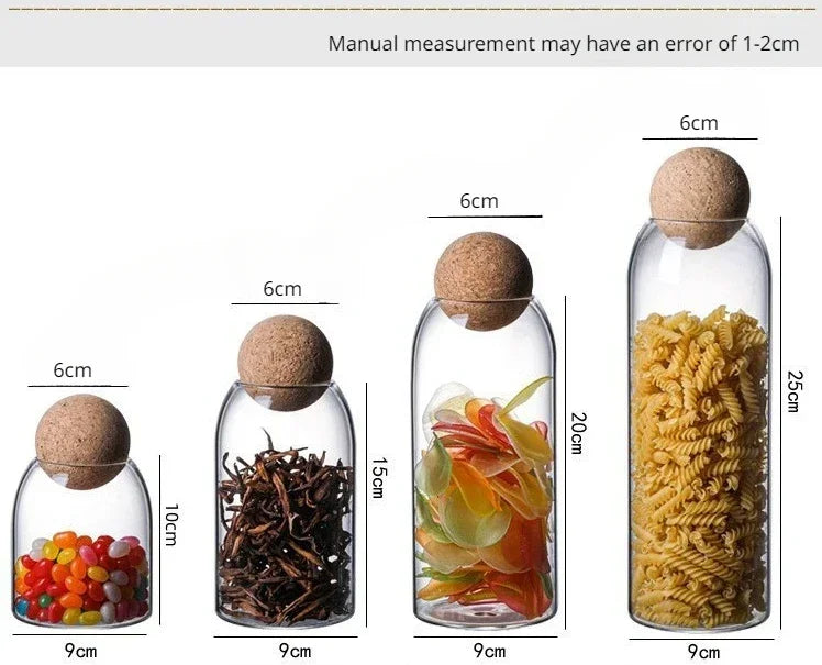 Hand‑blown Glass Storage Jars with Ball Cork Stopper — Transparent Kitchen Organiser for Tea, Spices & Nuts