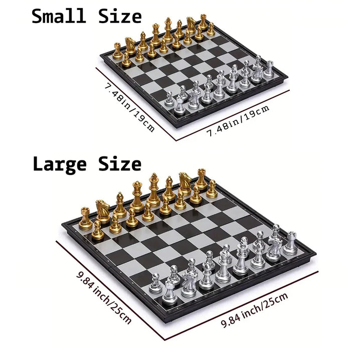 Magnetic Folding Chess Set — Gold & Silver Pieces, Portable Travel Board (7.5 in & 9.8 in)